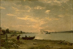 River landscape with ships by Petrus Van der Velden