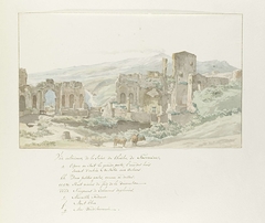 Ronde buitenmuur van het theater van Taormina van binnen gezien vanaf het podium by Louis Ducros