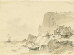 Rotskust met rechts een huis, op zee enkele boten by Andreas Schelfhout