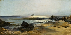 Seascape with a ship and fishermen on the shore. by Gennady Ladyzhensky