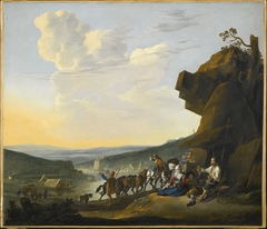 Southern landscape with a view of a bay, with travelers resting by Johannes Lingelbach