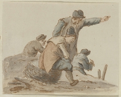 Staande wijzende man temidden van drie zittende mannen by Unknown Artist