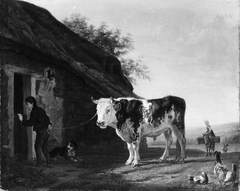 Stier mit Hüterjungen und Hund vor dem Stall by Max Joseph Wagenbauer