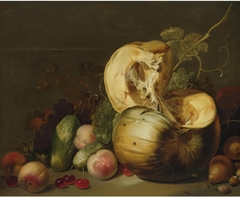 Still life with a pumpkin, peaches, grapes, cherries and other fruit by Hans Bollongier