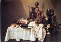 Still life with decanter and ham signed on the tablecloth by Willem Claesz Heda