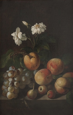 Still Life with Fruit and White Roses by Okänd