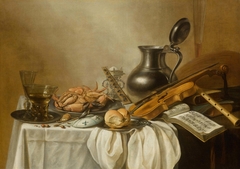 Still life with rummer, wine glass, crab and bread on a platter, with a violin and a flute on a table, 1644 by Pieter Claesz