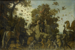 The poet crowned by two apes at the feast of the animals by Roelant Savery