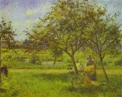 The Wheelbarrow in the Orchard, Le Valhermeil, Auvers-sur-Oise by Camille Pissarro