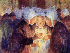 Three Breton Girls Lighting their Candles before the Procession by Ferdinand du Puigaudeau