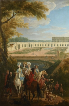 Vue du départ de la duchesse de Bourgogne pour la chasse devant l'Orangerie de Versailles by Anonymous