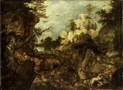 Wild boar hunt in a rocky landscape by Roelant Savery