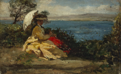 Woman with umbrella, Douarnenez bay by Jules Breton