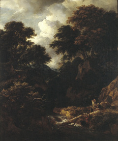 Wooded mountainous landscape with fishermen and resting travellers near a waterfall by Jacob Isaacksz. van Ruisdael