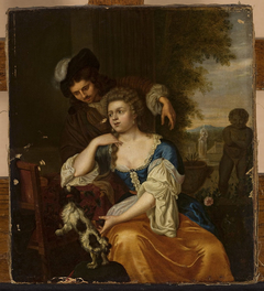 Young lady and a man at a table by Michiel van Musscher