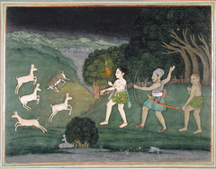 A Bhil hunter with a flare, helping a hunter with a bow to hunt deer at night by Anonymous