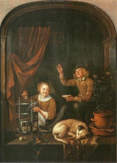 A Boy and a Girl in a Window with a Dog by Domenicus van Tol