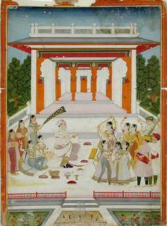 A maharaja playing Holi with women and musicians near a garden pavilion by Anonymous