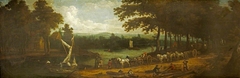 A Wooded River Landscape with Timber Wagons by Anonymous