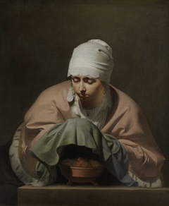 A Young Woman Warming her Hands over a Brazier: Allegory of Winter by Caesar Boëtius van Everdingen