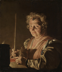 Alte Frau mit Buch und Räuchergefäss bei Kerzenlicht by Matthias Stom