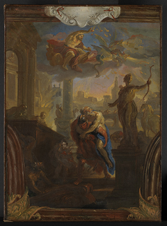 Äneas rettet seinen Vater Anchises aus dem brennenden Troja, am Himmel Vulkan auf seinem Wagen by Johann Michael Rottmayr