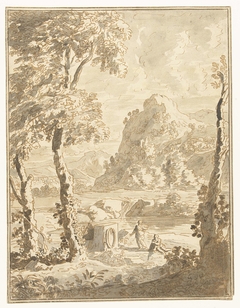 Arcadisch landschap met kleine figuren by Abraham Genoels II