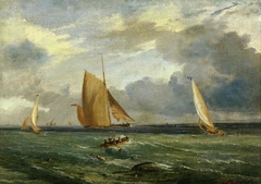 Bateaux en régate et scène de pêche au large du cap d'Antibes by Dominique Trachel