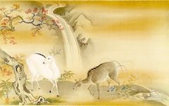 Black-and-White Deer Under Maple Tree by a Waterfall by Kanō Tansetsu