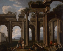 Classical Ruins of a Doric Arcade and Corinthian Colonnade with Lazzaroni and a Fortune-teller by Niccolò Codazzi