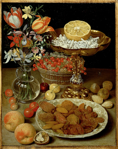 Dessertstilleben mit Blumenstrauß by Georg Flegel