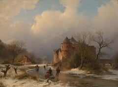 Een kasteel in een winterlandschap by Barend Cornelis Koekkoek