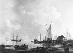 Een stil water, rechts verschillende schepen bij een havenhoofd (Gezicht op Hellevoetsluis) by Johannes Christiaan Schotel