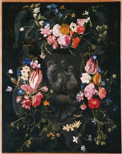 Flower Garland surrounding Madonna with Child with St. Anne in Grisaille by Daniel Seghers