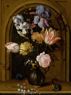 Flower Still Life in a Glass Vase in front of a Niche with Butterfly, Lizard, Fly and Dragonfly by Balthasar van der Ast