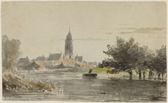 Gezicht op een stadje, gezien van over een rivier by Adrianus Eversen