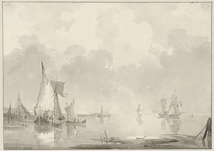 Gezicht voor de kust met schepen in stil water by Hendrik van den Helm