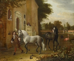 Grooms with Horses, a Grey and a Dark Bay, at Nijenrode Castle by Melchior d'Hondecoeter