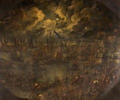 Harbour Scene by Moonlight with an Army of Fishermen by Anonymous