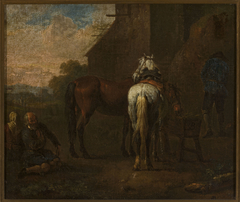 Horses in front of a tavern by Pieter van Bloemen