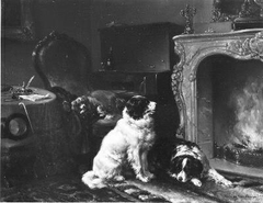 Hounds resting by a hearth by Wouterus Verschuur