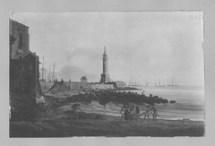 Italienische Küstenlandschaft mit Leuchtturm und Staffage (bei Pozzuoli, im Hintergrund der Vesuv) by Josef Rebell