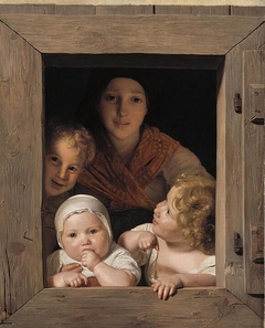 Jeune paysanne avec trois enfants à la fenêtre by Ferdinand Georg Waldmüller