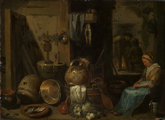 Keukeninterieur met slapende vrouw by David Teniers d J - Kopie