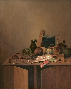 Kitchen still life with meat, fish and vegetables by Gerrit van Vucht