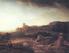 Landscape with ruins and windmill by Rembrandt