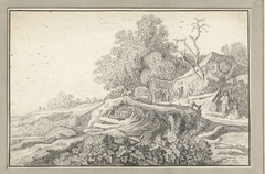 Landschap met een kar en figuren bij een boerderij by Unknown Artist