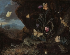 Landschap with insects, cyclamen and thistle by Otto Marseus van Schrieck