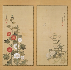 Lilies with Hydrangea and Hollyhocks by Sakai Hoitsu