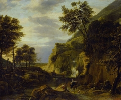 Mountainous landscape with waterfall by Roelant Roghman